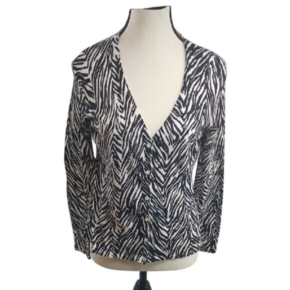 Ann Taylor Cardigan Sweater Womens Size MP Zebra Print Button Front Long Sleeve - Picture 1 of 6
